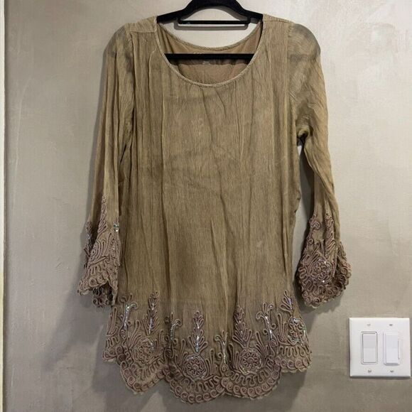 Soft Surroundings Brown Embroidered Detail Long-Sleeve Blouse Medium - Picture 1 of 5